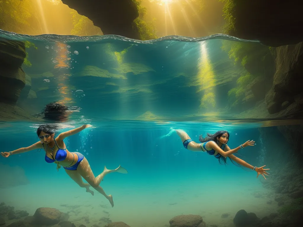 images high resolution - two women swimming in a cave with sunlight streaming through the water and rocks below them, with a rock wall in the background, by Cyril Rolando