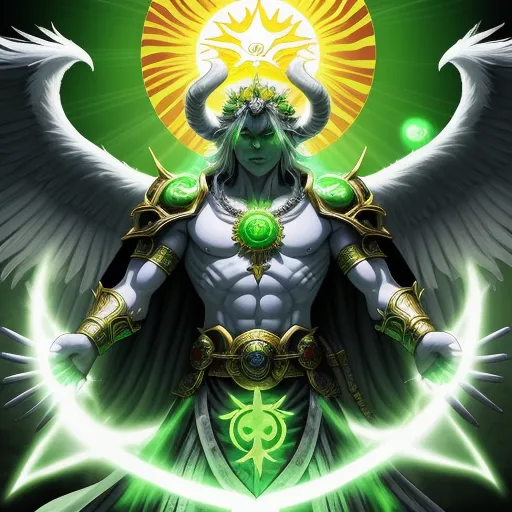 high resolution images - a man with a green halo and wings on his chest and a green orb in his hand, surrounded by a green halo, by Heinrich Danioth
