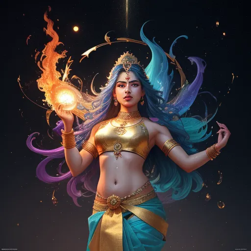 a woman in a gold and blue outfit holding a light bulb in her hand and a fireball in her hand, by Lois van Baarle