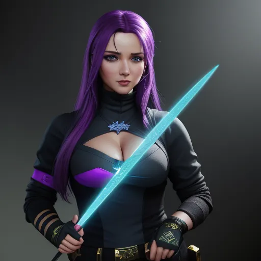 a woman with purple hair holding a sword and wearing a black outfit with purple hair and a purple top, by Lois van Baarle