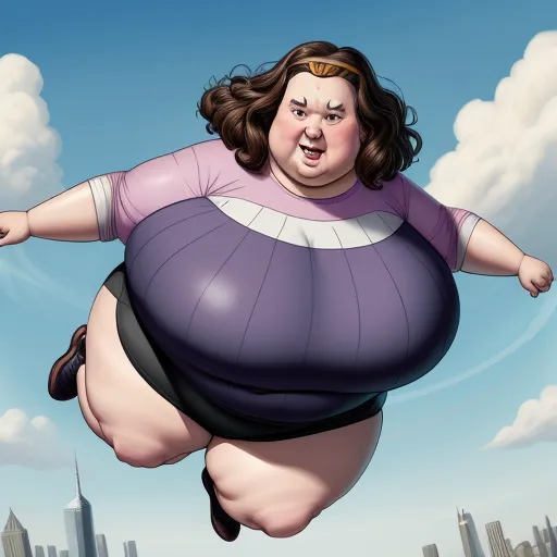 a fat woman is flying through the air in a cartoon style, with a city in the background and a blue sky, by Fernando Botero