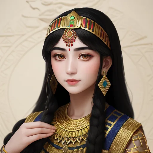 a digital painting of a woman wearing a head piece and a gold necklace and earrings with a green and red jewel, by Chen Daofu