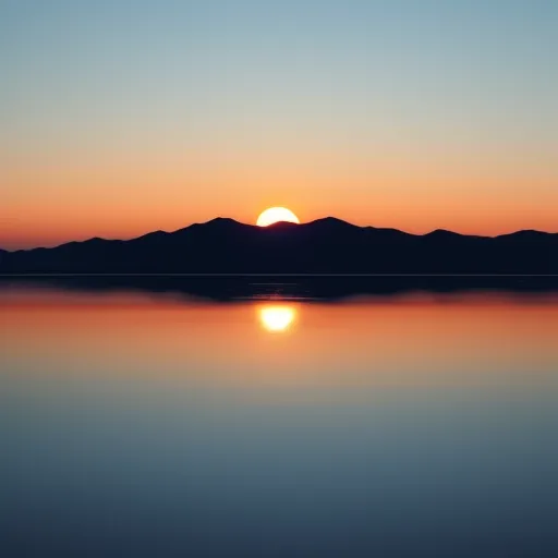 ai text image - a sunset over a lake with mountains in the background and a bright orange sun in the sky above it, by John Frederick Kensett