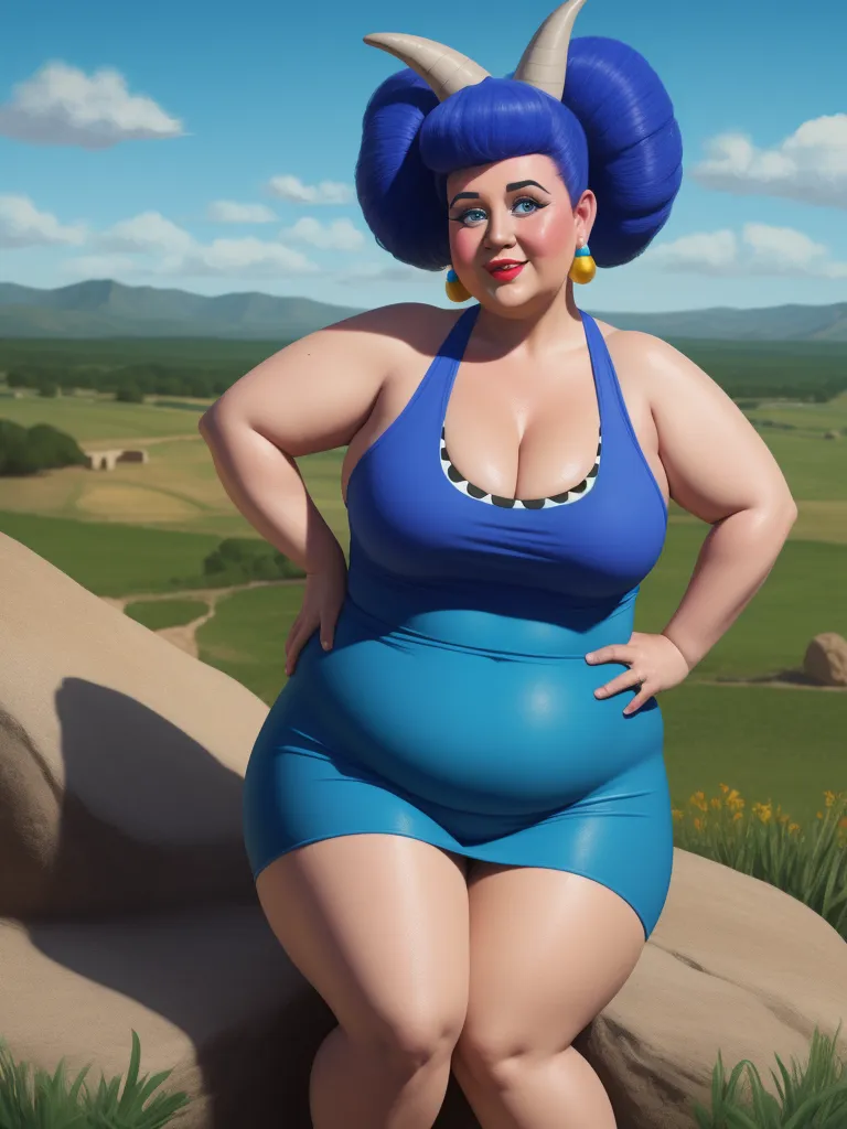 convert to 4k photo - a woman in a blue dress with horns on her head and a big belly standing in a field of grass, by Hanna-Barbera