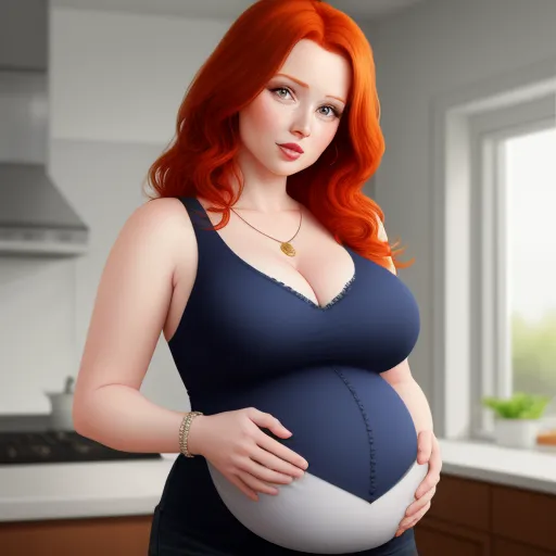 a pregnant woman in a blue dress poses for a picture in a kitchen with a window behind her and a pot of flowers, by Edith Lawrence