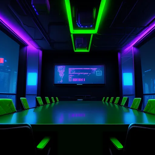 a conference room with a large screen and neon lights on the ceiling and a long table with green chairs, by Liam Wong