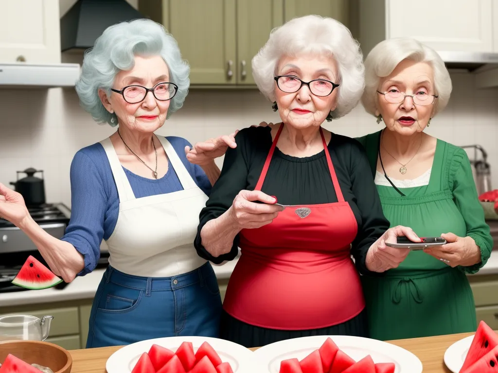 ai images generator - three older women standing in a kitchen with watermelon slices on the counter top and one holding a cell phone, by Sandy Skoglund