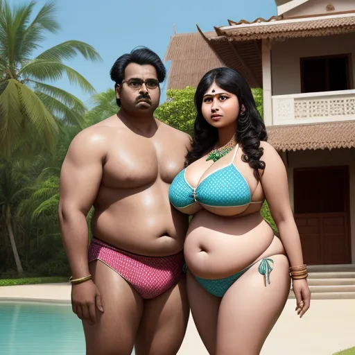 animated image ai - a man and a woman in bikinis standing next to a pool with a house in the background and palm trees, by Botero