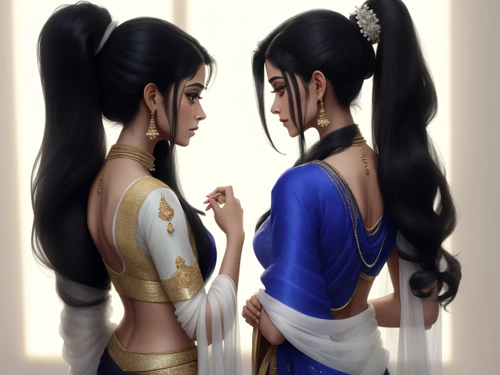 picture converter - two women in indian clothing are talking to each other while one of them is wearing a blue and white sari, by Lois van Baarle