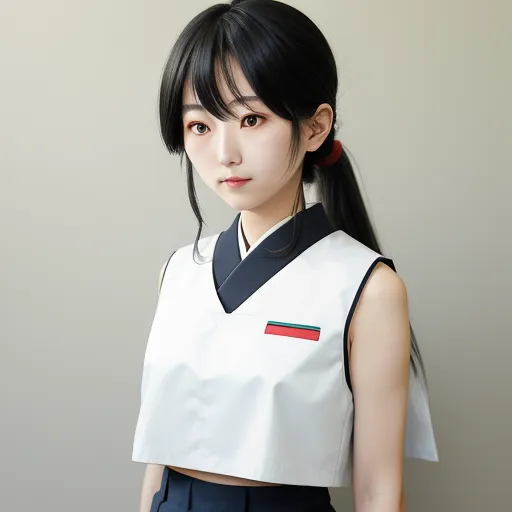 a woman with a ponytail wearing a white top and black skirt with a red stripe on the chest and a black and white collar, by Taiyō Matsumoto