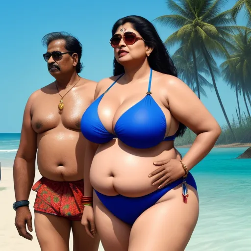 ai image creator from text - a man and a woman standing on a beach next to the ocean with a large belly in a blue bikini, by Botero