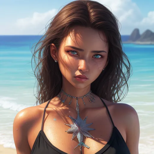 ai image generator from text - a woman with a star necklace on a beach near the ocean with a rock in the background and a blue sky, by Terada Katsuya