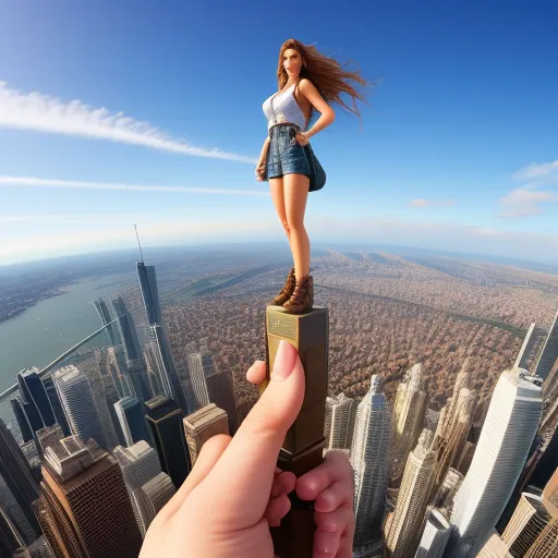a woman standing on top of a building with a cell phone in her hand and a city in the background, by Edmond Xavier Kapp