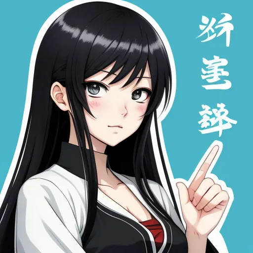 photo converter - a woman with long black hair pointing at something with chinese characters on it and a blue background with a blue sky, by Baiōken Eishun