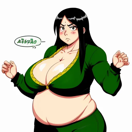 a cartoon character with a big breast and a green outfit on, with a speech bubble above her head, by Rumiko Takahashi