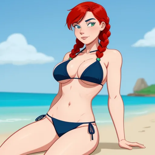 a cartoon girl in a bikini sitting on the beach with a blue sky in the background and a blue sky in the foreground, by Hanna-Barbera