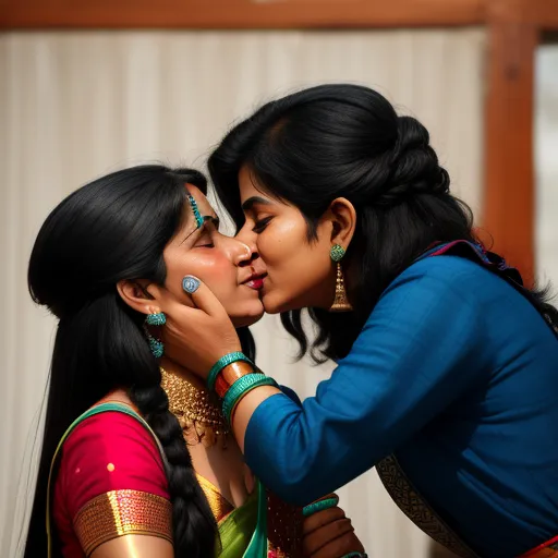 ai image generator names - two women kissing each other while wearing jewelry and jewelry on their faces and arms, both of them are wearing earrings, by Raja Ravi Varma