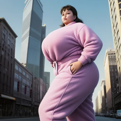 a woman in a pink outfit standing on a street corner in front of tall buildings and skyscrapers,, by Joel Meyerowitz