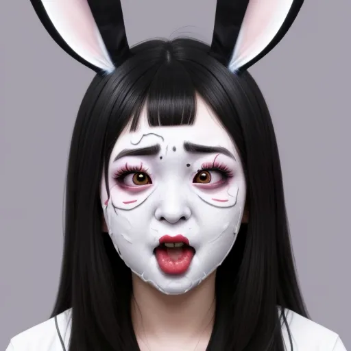 a woman with bunny ears and makeup on her face is wearing a bunny mask and a white shirt with black hair, by Terada Katsuya