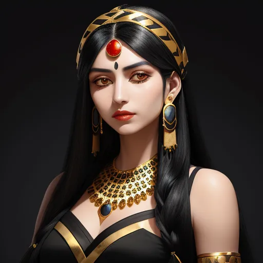convert photo to 4k online - a woman with long black hair wearing a gold and red necklace and earrings with a red stone in her ear, by Hidari Jingorō