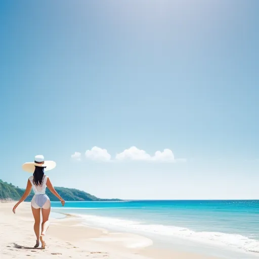 a woman in a white bikini and hat walking on the beach with a blue sky and ocean in the background, by Hiroshi Nagai