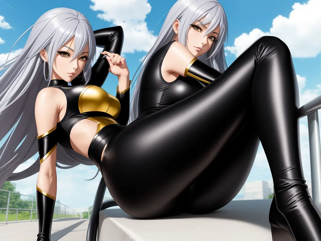 a woman in a black and gold outfit sitting on a ledge with her legs crossed and her legs crossed, by Hanabusa Itchō