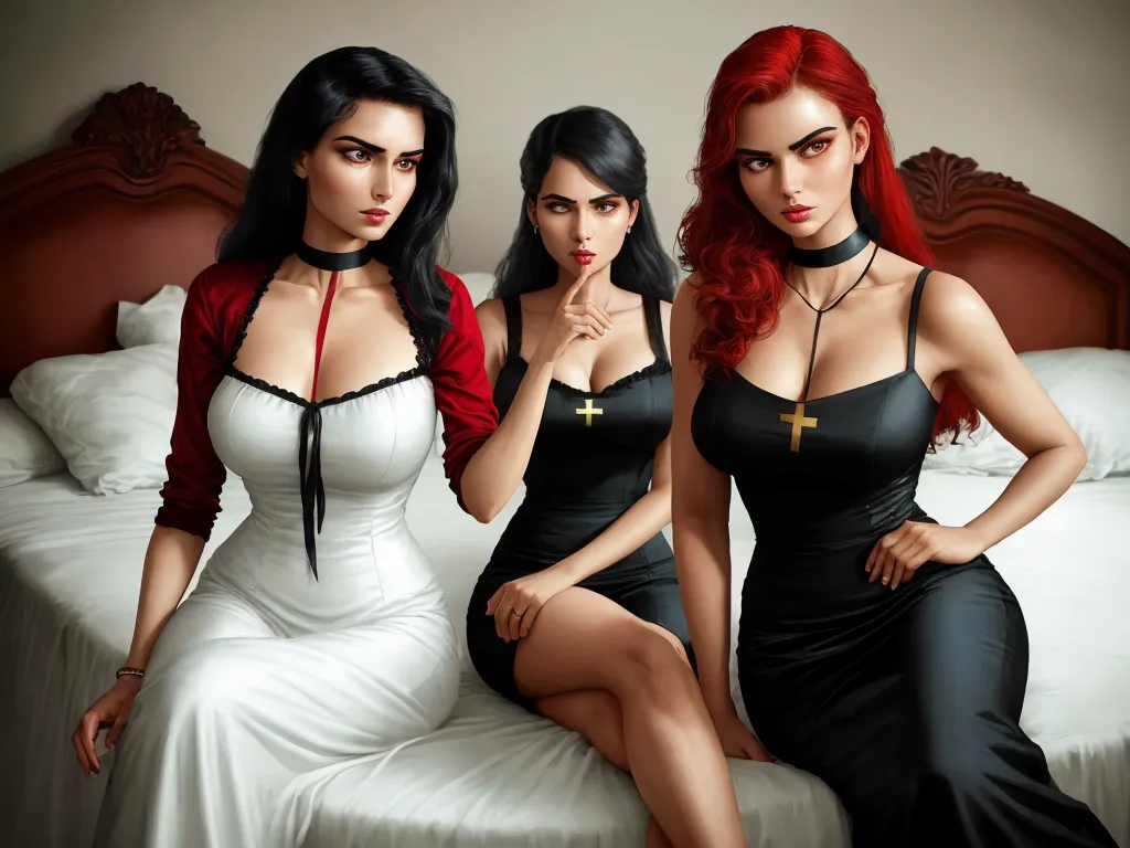 ai photo generator from text - three women in black and white dresses sitting on a bed together, one of them is wearing a cross necklace, by Daniela Uhlig