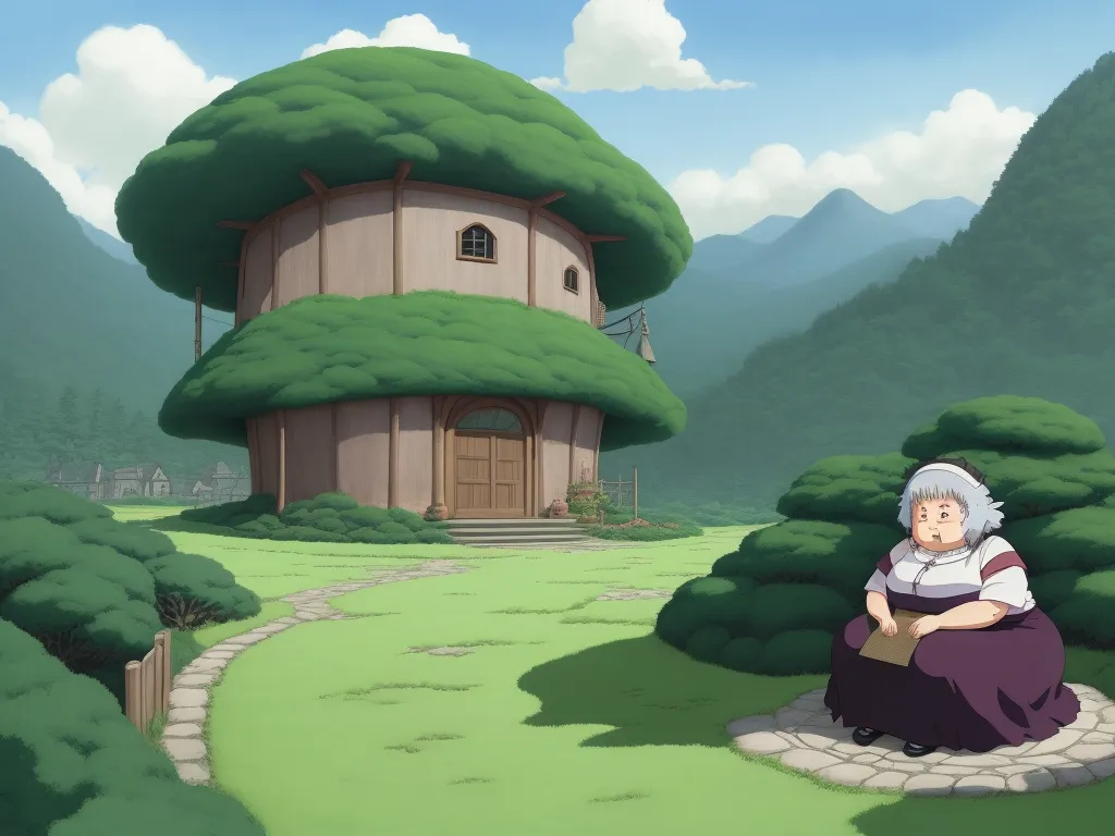 a woman sitting on a stone walkway in front of a house with a tree on it's roof, by Studio Ghibli