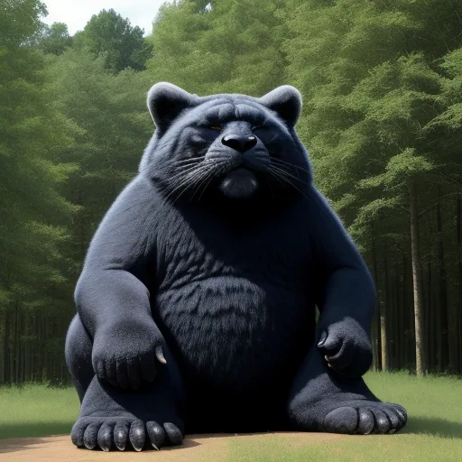 a large black bear sitting on top of a dirt road in a forest next to trees and grass with a sky background, by Botero
