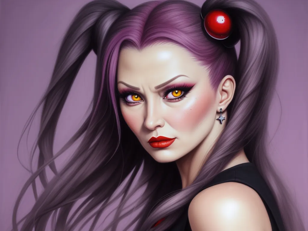 text image generator ai - a woman with long hair and red eyes with a red eyeball in her hair and a black dress, by Lois van Baarle