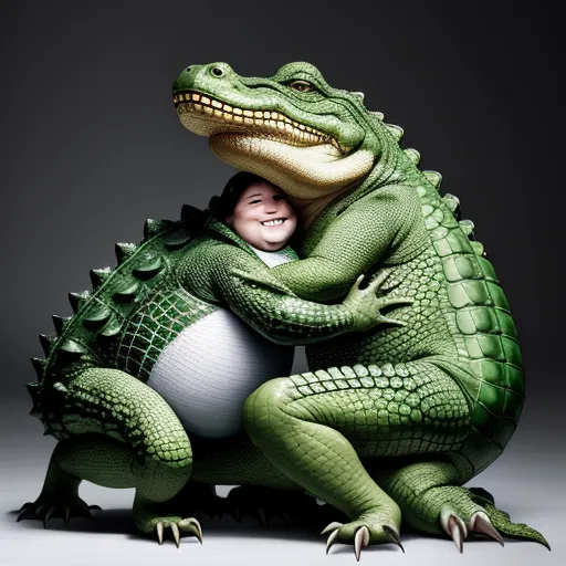 ai image upscaling - a child hugging a large alligator on the back of a ball in a studio photo shoot with a black background, by Botero