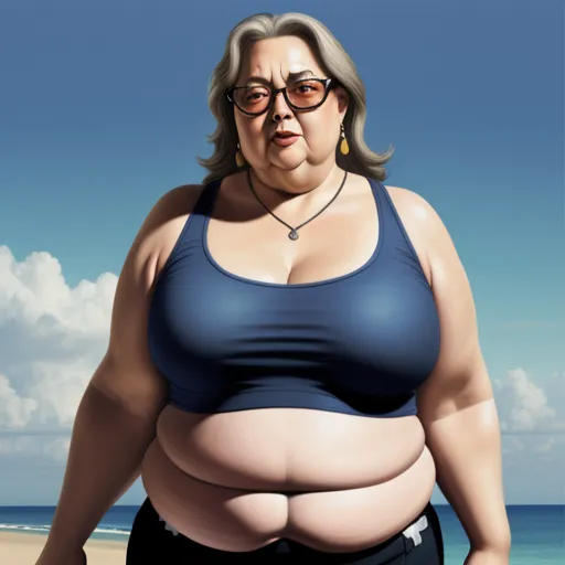 turn a picture into high resolution - a fat woman in a blue top standing on a beach with a blue sky in the background and a blue sky with clouds, by Fernando Botero