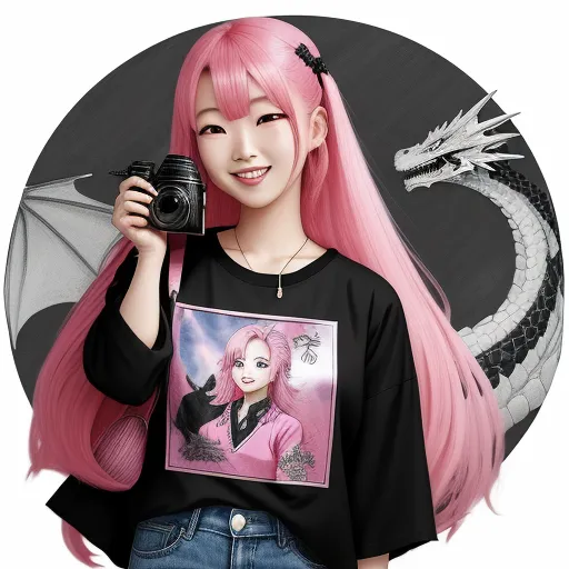 convert image to text ai - a girl with pink hair holding a camera and a dragon behind her head, with a black background and a white circle, by Hikari Shimoda