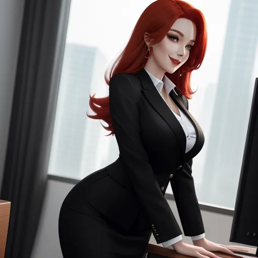 text to images ai - a woman in a suit is posing for a picture in front of a computer screen and a window with a city view, by Lois van Baarle