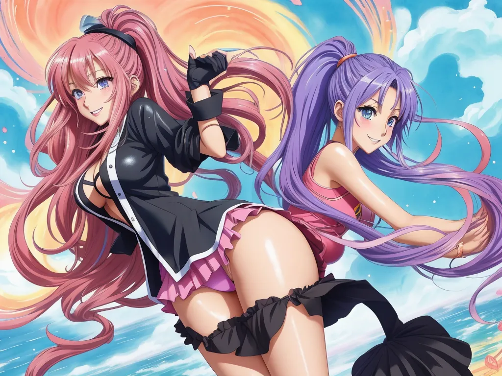 two anime girls with long hair and a black dress are posing together in front of a sunset background with clouds, by Toei Animations