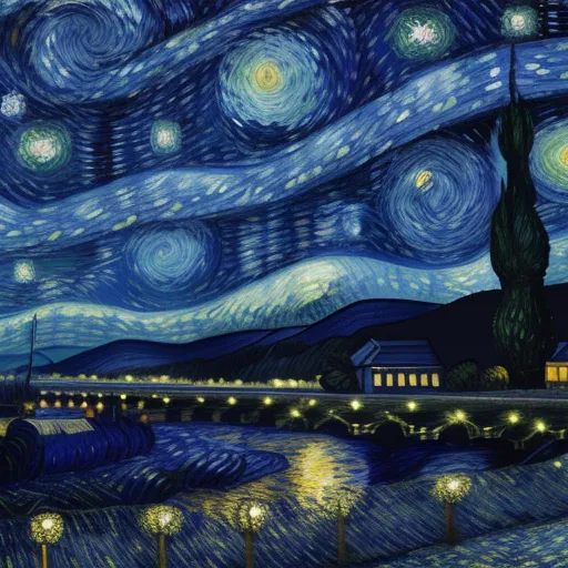 a painting of a night sky with stars and a river with lights in it and a building with a clock on it, by Vincent Van Gogh