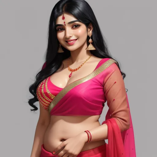 convert photo to 4k online - a woman in a pink sari and gold jewelry posing for a picture with her belly exposed and her hand on her hip, by Raja Ravi Varma