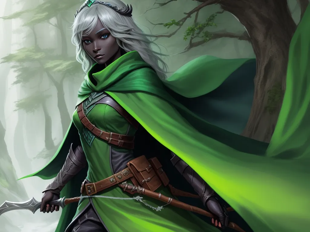 4k to 1080p converter - a woman in a green cloak holding a sword in a forest with trees in the background and a green cloak over her, by Lois van Baarle