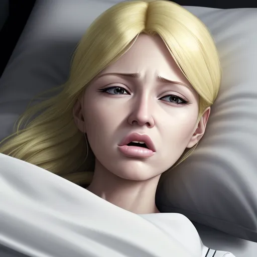 a digital painting of a blonde woman laying in bed with a blanket on her head and a surprised look on her face, by Daniela Uhlig