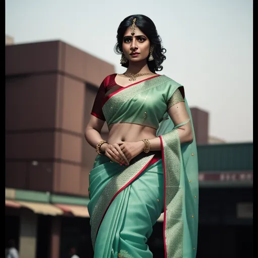 a woman in a green and red sari with a red border on her waist and a brown blouse on her shoulders, by Hendrik van Steenwijk I