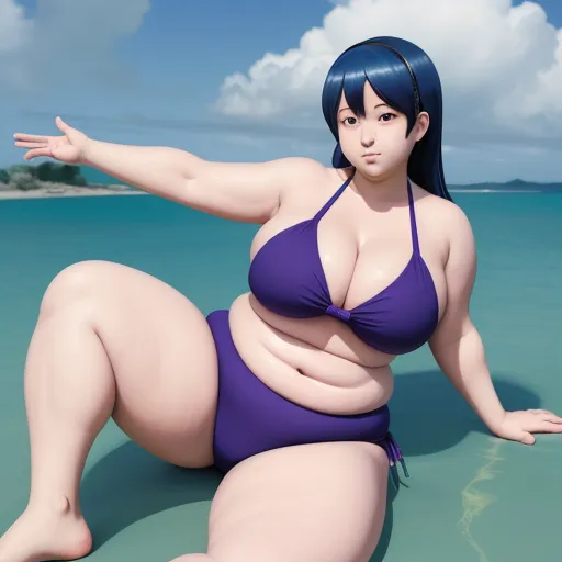 a woman in a purple bikini is in the water and is posing for a picture with her arms outstretched, by Rumiko Takahashi