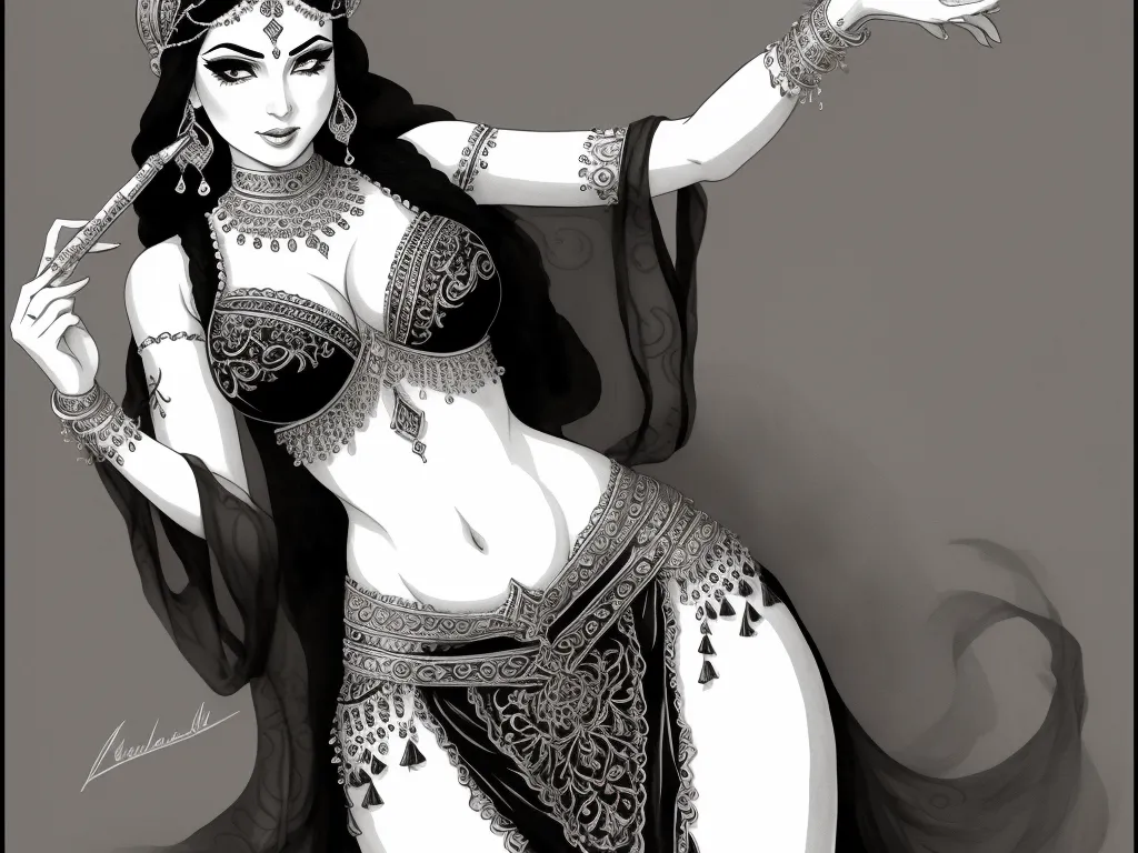 a woman dressed in a belly dance costume with a sword in her hand and a headpiece in her hand, by Hanna-Barbera
