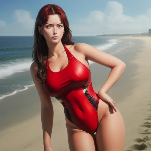 text to image ai free - a woman in a red swimsuit standing on a beach next to the ocean with her hands on her hips, by Terada Katsuya