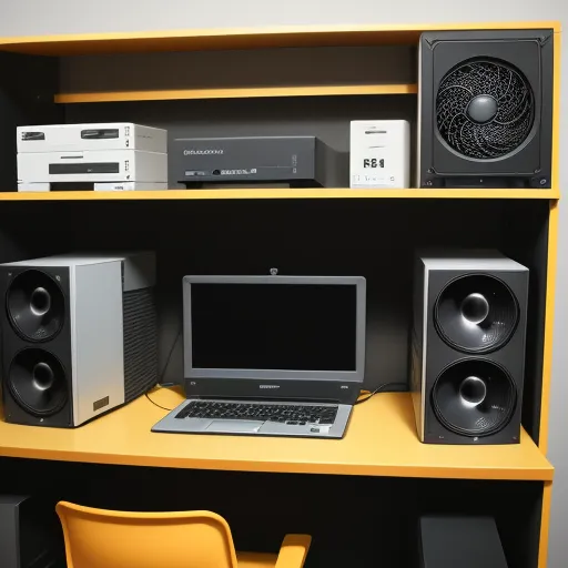 a laptop computer sitting on top of a yellow desk next to speakers and speakers on a shelf above a yellow chair, by Hendrik van Steenwijk I