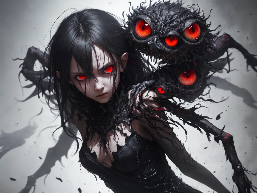 how to make pictures higher resolution - a woman with red eyes holding two creepy demonic creatures in her hands, with blood on her eyes and hands, by Terada Katsuya