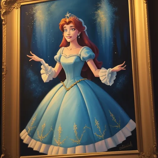 ai your photos - a painting of a princess in a blue dress with a tiara on her head and hands out to the side, by Don Bluth