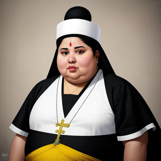 a woman in a nun costume with a cross on her chest and a cross on her chest, making a funny face, by Botero