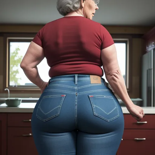 a woman in a red shirt and jeans is standing in a kitchen with her butt exposed and her hands on her hips, by Hendrik van Steenwijk I