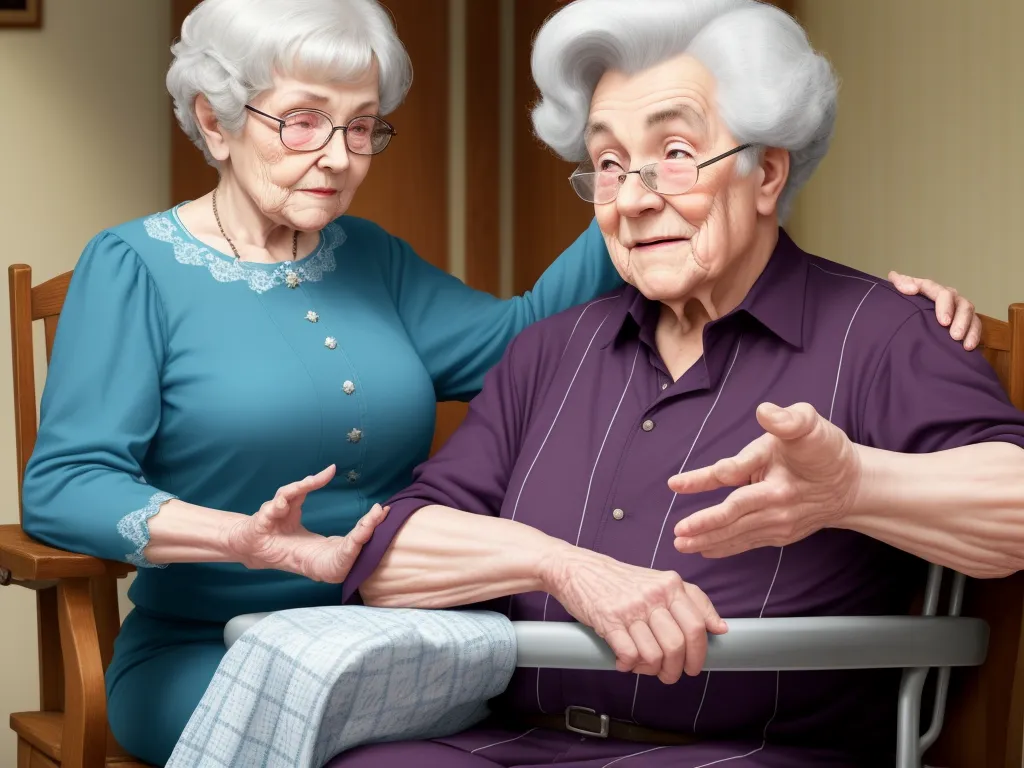 ai text to picture generator - a painting of an elderly couple sitting on a chair with their hands together and pointing at something on the floor, by Raphaelle Peale