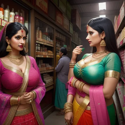 two women in sari standing in a store looking at each other's breasts and breasts in the store, by Raja Ravi Varma